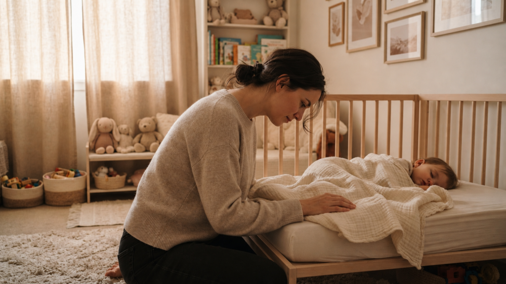 Mãe sentada no chão do quarto do filho, com a cabeça baixa em momento de cansaço silencioso, ao lado do berço onde uma criança dorme