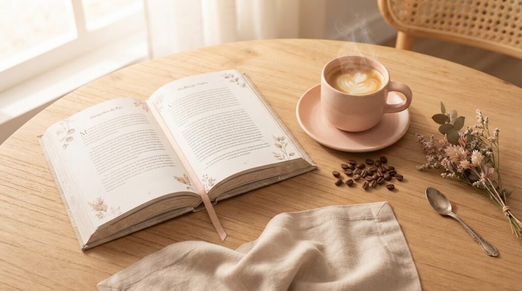 Livro de capa dura aberto sobre mesa de madeira clara, com caneca de café fumegante, pires blush e grãos de café espalhados