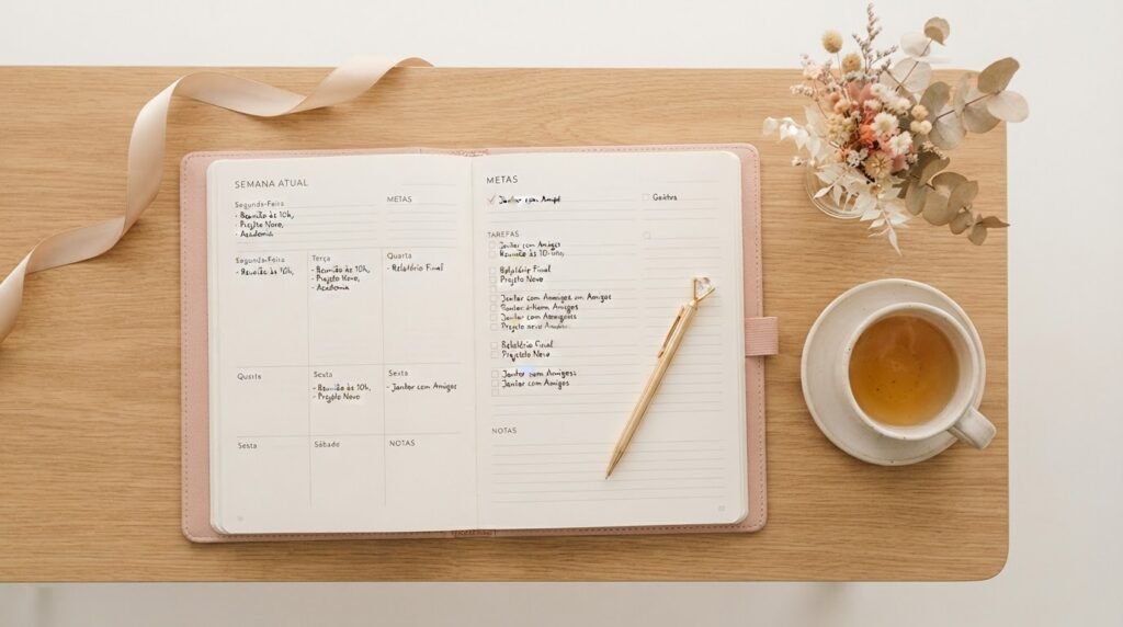 Planner feminino de capa blush aberto sobre mesa de madeira clara, com caneta dourada, flores secas e xícara de chá ao lado