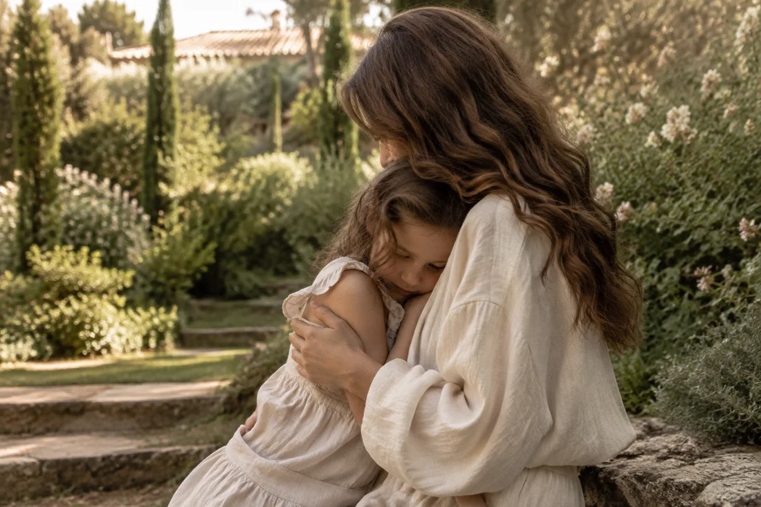 Cena editorial ilustrativa de mãe e filha juntas em um jardim