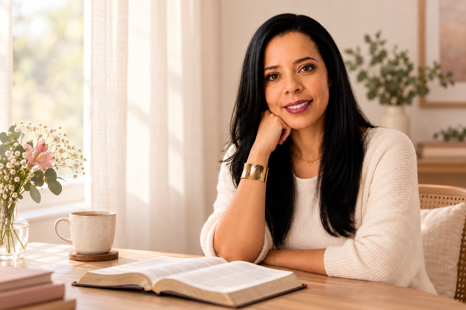 Katherine Gomes Martins em um ambiente acolhedor de leitura e fé