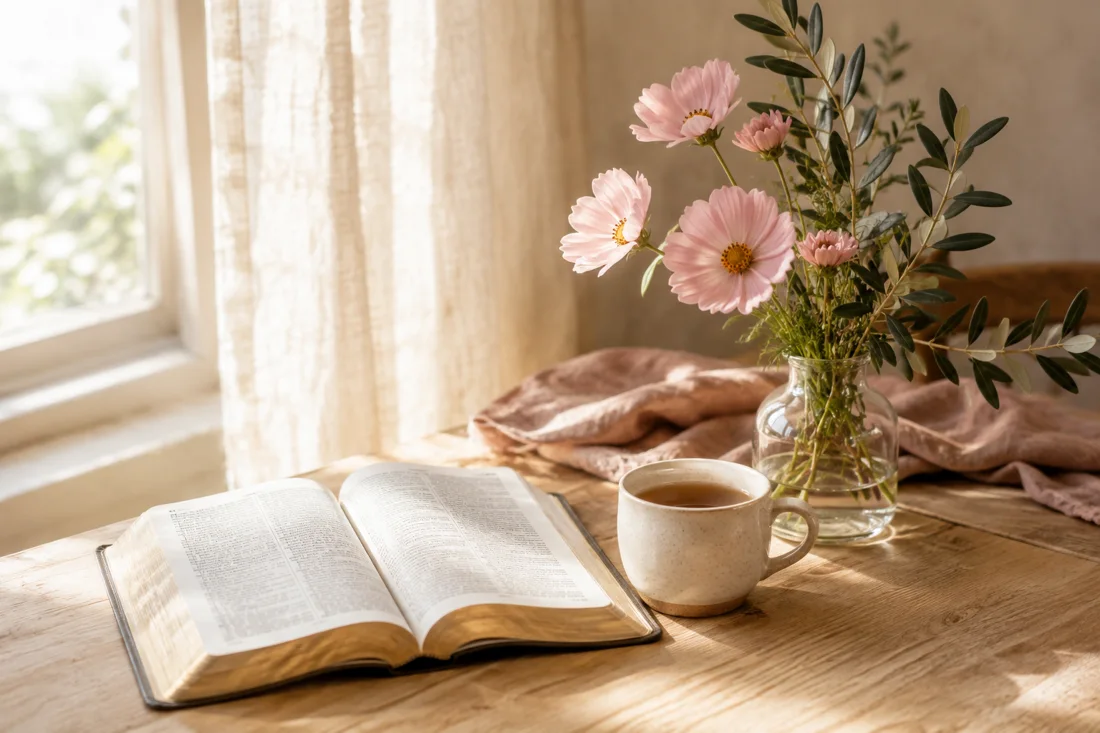 Bíblia aberta, flores e uma xícara em uma mesa iluminada